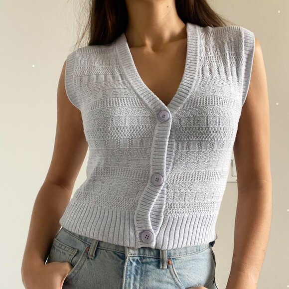 27 Miles Malibu | Pastel baby blue knit sleeveless button up vest sweater top XS - Picture 3 of 8